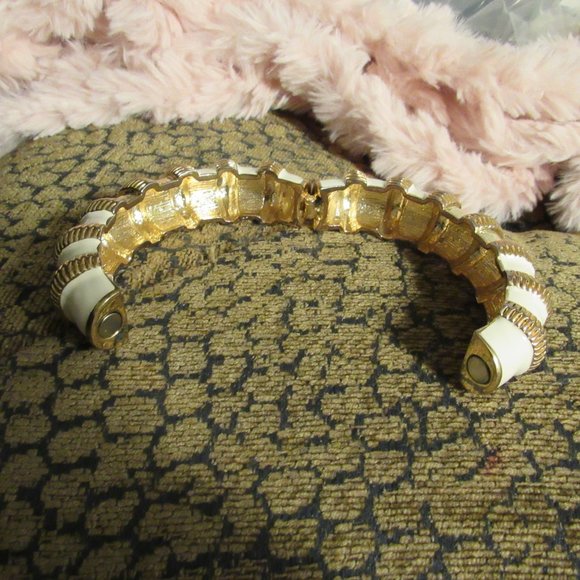 Vintage Enamel White and Goldtone Cuff Bracelet - Picture 6 of 7